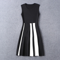 BLACK WHITE STRIPED SLIM ROUND NECK SLEEVELESS DRESS - Thumbnail 4