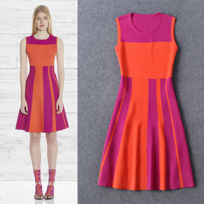 ROUND NECK SLEEVELESS WOOLEN GEOMETRIC SLIM ORANGE PURPLE DRESS