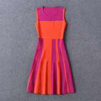 ROUND NECK SLEEVELESS WOOLEN GEOMETRIC SLIM ORANGE PURPLE DRESS - Thumbnail 1