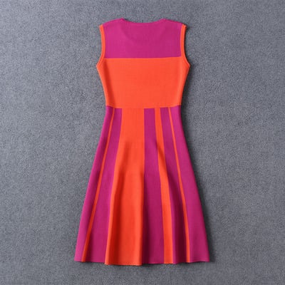 Round neck sleeveless woolen geometric slim orange purple dress