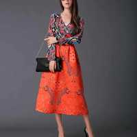 V NECK RETRO LONG SLEEVED ORANGE FLORAL DRESS - Thumbnail 3