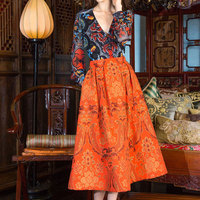 V NECK RETRO LONG SLEEVED ORANGE FLORAL DRESS - Thumbnail 2
