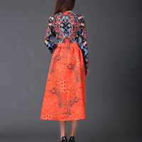 V NECK RETRO LONG SLEEVED ORANGE FLORAL DRESS - Thumbnail 4