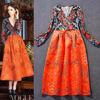 V NECK RETRO LONG SLEEVED ORANGE FLORAL DRESS - Thumbnail 1