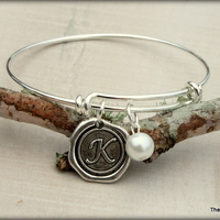 Initial Bracelet and Earrings Set- Wax Stamp Charm - Thumbnail 1