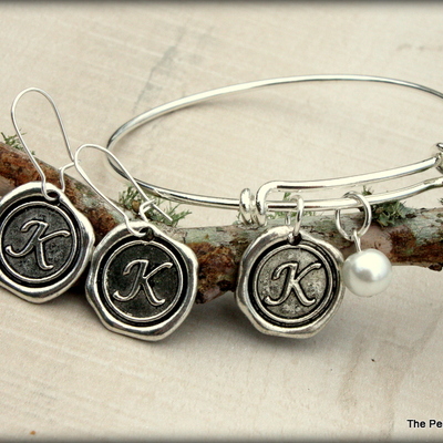 Initial bracelet and earrings set- wax stamp charm