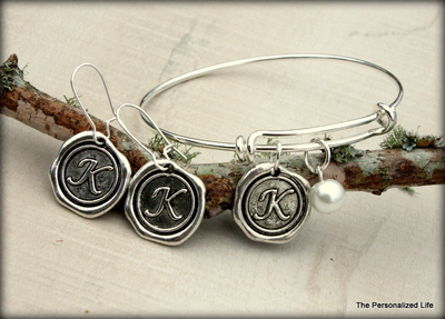 Initial Bracelet and Earrings Set- Wax Stamp Charm