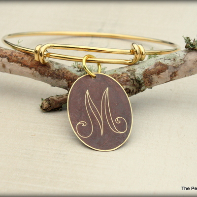 Initial bracelet - gold and brown oval disc