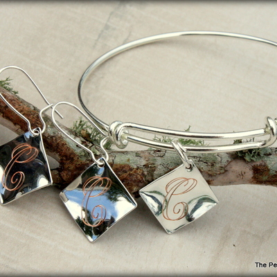 Initial bracelet and earrings set - silver diamond shaped charm 