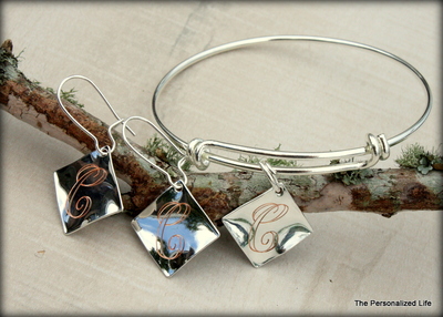 Initial Bracelet and Earrings Set - Silver Diamond Shaped Charm 