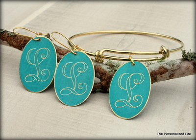 Initial Bracelet and Earrings Set - Gold and Turquoise Oval Shaped Disc Charm