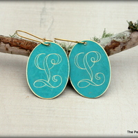 Initial Bracelet and Earrings Set - Gold and Turquoise Oval Shaped Disc Charm - Thumbnail 1