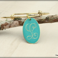 Initial Bracelet and Earrings Set - Gold and Turquoise Oval Shaped Disc Charm - Thumbnail 2
