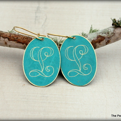 Initial earrings - gold and turquoise oval shaped disc charm