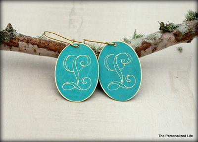 Initial Earrings - Gold and Turquoise Oval Shaped Disc Charm