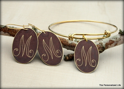 Initial Bracelet and Earrings Set - Gold and Brown Oval Shaped Disc