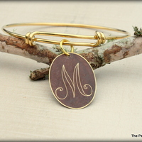 Initial Bracelet and Earrings Set - Gold and Brown Oval Shaped Disc - Thumbnail 2