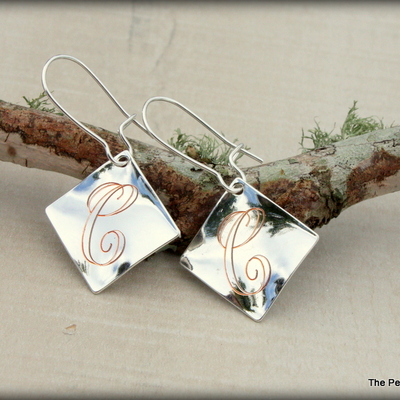 Initial earrings- silver diamond shaped charm