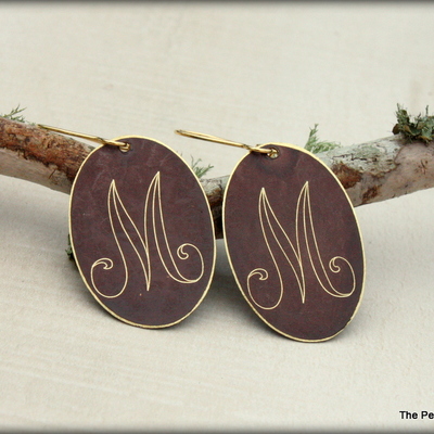 Initial earrings - gold and brown oval disc shaped charm