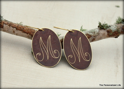 Initial Earrings - Gold and Brown Oval Disc Shaped Charm