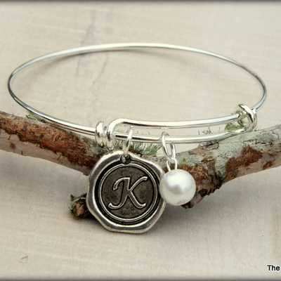 Initial bracelet - wax stamped charm with pearl