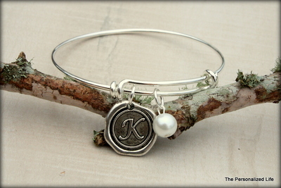 Initial Bracelet - Wax Stamped Charm with Pearl