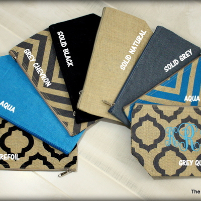 Monogrammed burlap cosmetic bag