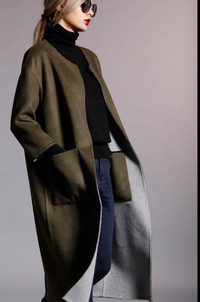 NEWBEFORE DARK GREEN AND GREY REVERSIBLE WOOLEN WINTER COAT T8801E3508