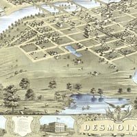 Des Moines, Iowa in 1868 - Bird's Eye View Map, Aerial map, Panorama, Vintage, Antique, Reproduction, Giclée, Fine Art, Wall Art, History - Thumbnail 1