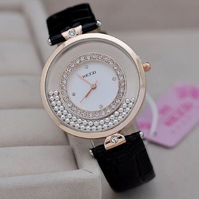Pu Band Moveable Diamond Ladies Round Dial Quartz Wristwatch