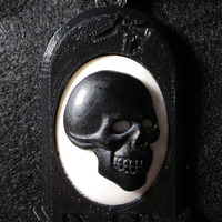 Black Tombstone Necklace with Black and White Skull Cameo - Thumbnail 2