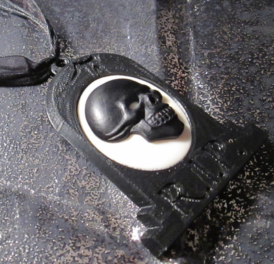 Black Tombstone Necklace with Black and White Skull Cameo