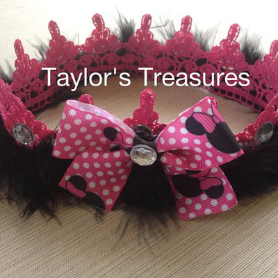 Taylors treasures - minnie mouse hot pink lace with fur princess crown w/ rhinestones - custom create a crown- perfect for a photo prop