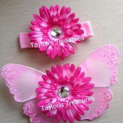Taylors treasures - pink glitter and sequins baby butterfly wings set - great for photo prop - 1st birthday - newborn photo - smash cake