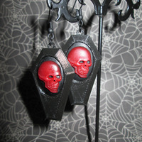 Small Black Coffin Earrings with Red and Black Skull Cameos - Thumbnail 1