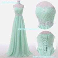 Handmade Long  Mint Chiffon Prom Dress With  Applique, Mint  Prom Dresses, Evening Gown 2016 - Thumbnail 1