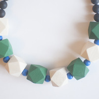 Green White Wooden Statement Necklace NL0949 - Thumbnail 2