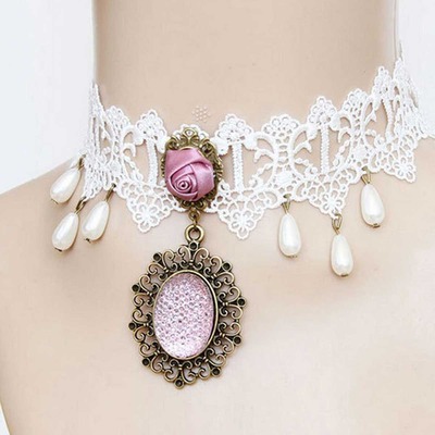 White vintage lace victorian goth cocktail party bridal necklace - Thumbnail 4
