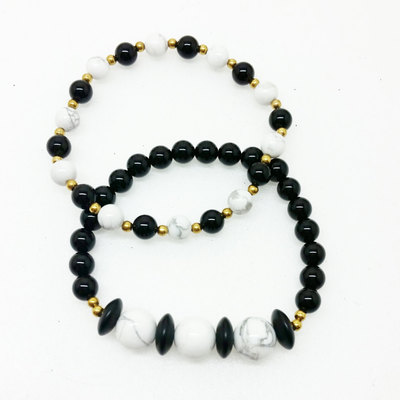 White howlite onyx brass stretch bracelet marble energy mala yoga bracelet