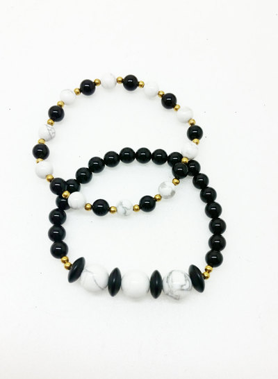 White Howlite Onyx Brass Stretch Bracelet Marble Energy Mala Yoga Bracelet