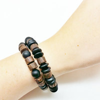 Unisex Mens Wood Bracelet Onyx Healing Energy Yoga Stretch Mala Bracelet - Thumbnail 2