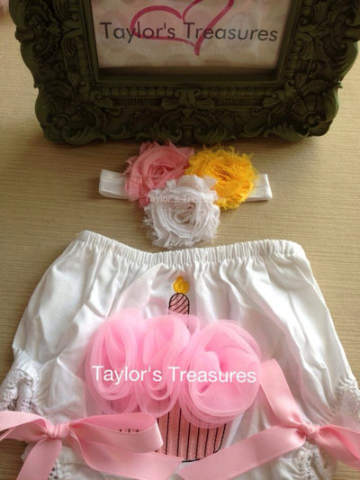 Taylors Treasures - 1st Birthday Cupcake Photo Prop 2pc Set - Diaper Cover and Rosette Headband - Cake Smash - Perfect for Photo