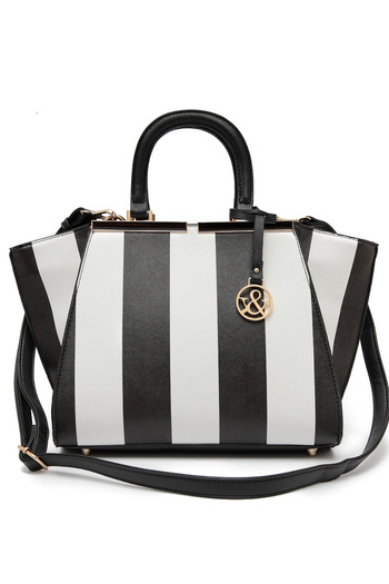 "Jane" Two Tone Stripe Accented Top Handle Satchel Bag With Strap