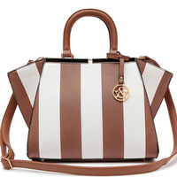 "Jane" Two Tone Stripe Accented Top Handle Satchel Bag With Strap - Thumbnail 1