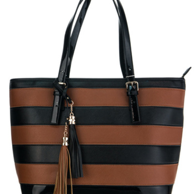"lorie" faux leather striped top handle tote bag with strap