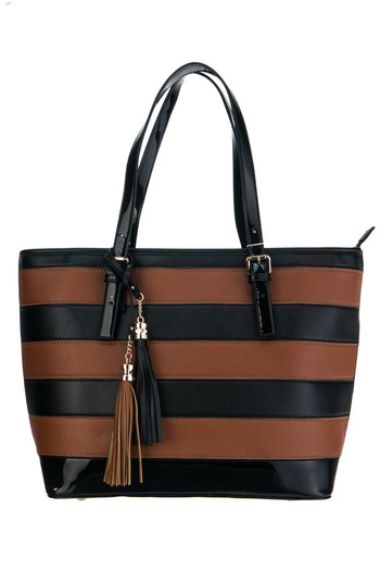 "Lorie" Faux Leather Striped Top Handle Tote Bag With Strap