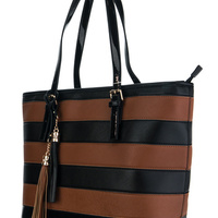 "Lorie" Faux Leather Striped Top Handle Tote Bag With Strap - Thumbnail 2