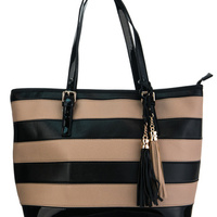 "Lorie" Faux Leather Striped Top Handle Tote Bag With Strap - Thumbnail 1