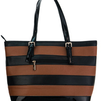 "Lorie" Faux Leather Striped Top Handle Tote Bag With Strap - Thumbnail 3