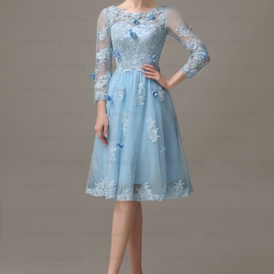Long sleeve prom dress, lace prom dress, short prom dress, unique prom dress, prom dresses 2014, evening dress, party dress, blue prom dress ,15001027